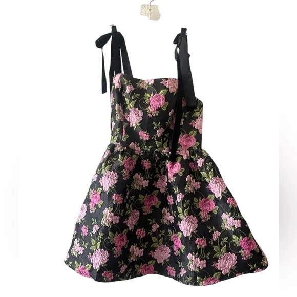 Lulus Black Floral Jacquard Mini Dress Tie Strap Skater Dress Small NWT - Picture 2 of 8